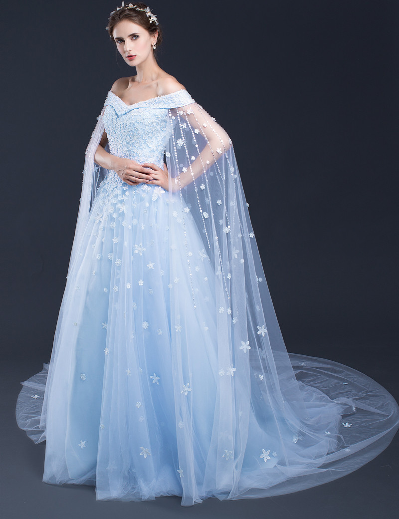 Blue Wedding Dresses,Long Bridal Gowns,Bridal Gowns With Cathedral